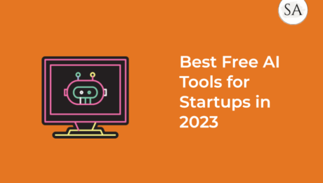 A featured image with AI robot in monitor and test best free AI tools for startups for 2023