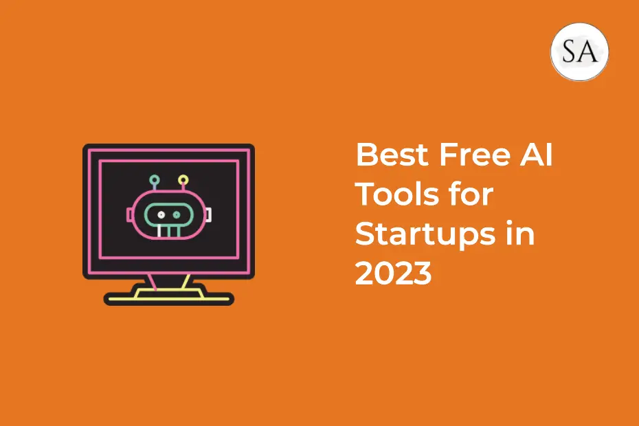 A featured image with AI robot in monitor and test best free AI tools for startups for 2023